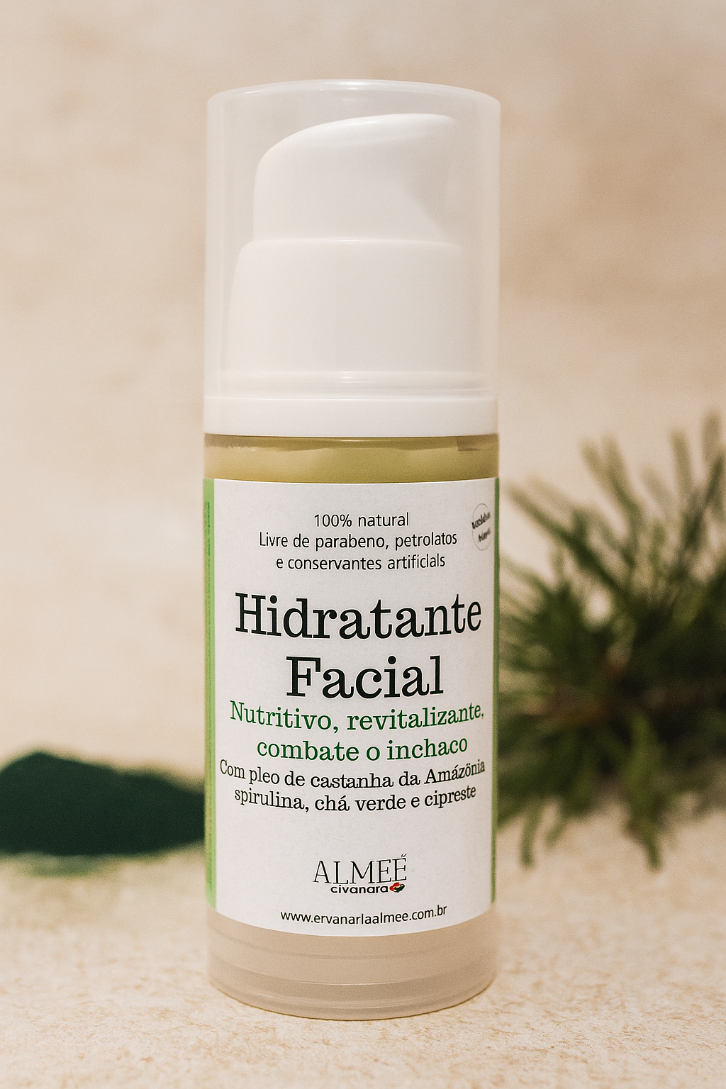 Hidratante Facial nutritivo e revitalizante, com spirulina, chá verde, aloe vera e cipreste